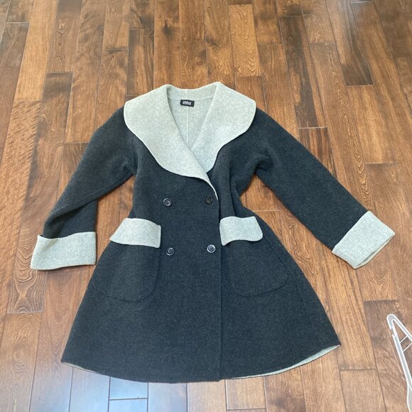 New ONLY Lady Women Contrast Collar Dark Grey Wool Coat with Pocket - Picture 7 of 7